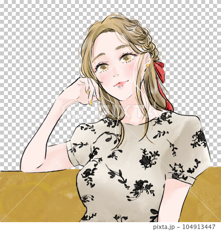 肘をついて微笑む女性　あおり構図 104913447