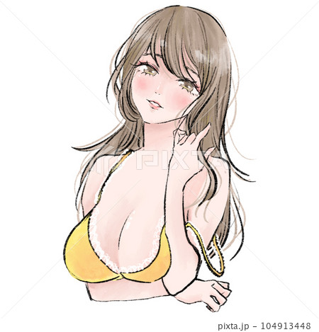 髪を絡め胸を強調する巨乳の女性　 104913448