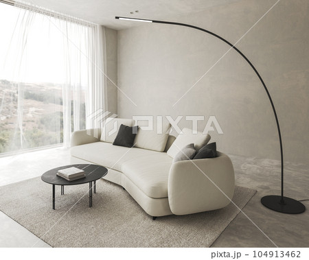 Conceptual interior living room with stucco wall. Creative composition sofa with lamp in pastel color. Mockup empty background. 3d rendering. High quality 3d illustration Conceptual interior living room with stucco wall. Creative composition sofa with lamp in pastel color. Mockup empty background. 3d rendering. High quality 3d illustration 104913462