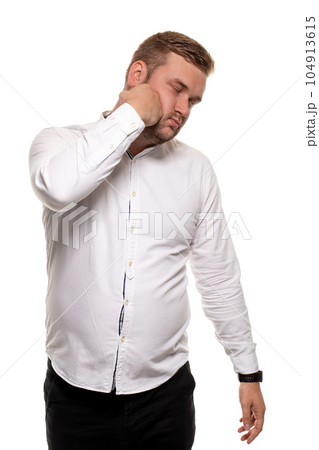 Close up horizontal portrait of a handsome man with a beard, stylish haircut, wearing a white shirt, isolated on a white background 104913615
