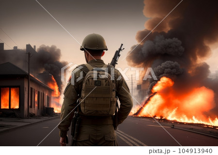 A soldier with a gun and a backpack stands in front of a burning house, from which smoke comes, war, explosions, fire, smoke. landscape with the ruined construction of a family house. Generative AI 104913940