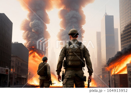 A soldier with a gun and a backpack stands on the road in ruined city, from which smoke comes, war, explosions, fire, smoke. landscape with the ruined construction of a family house. Generative AI 104913952