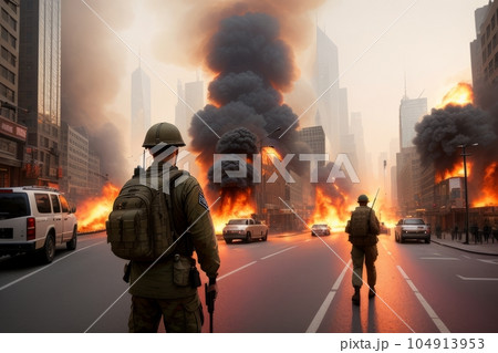 View from behind. A soldier in camouflage uniform with a rifle against the background of a burning house, back view. The concept of war or the game of airsoft. Generative AI 104913953