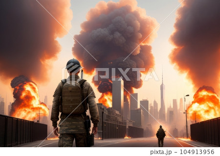 A soldier with a gun and a backpack stands on the road in ruined city, from which smoke comes, war, explosions, fire, smoke. landscape with the ruined construction of a family house. Generative AI 104913956