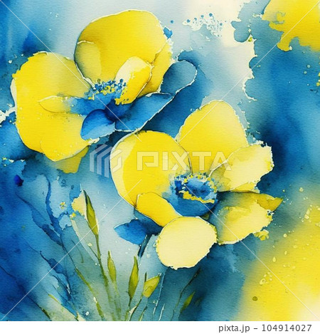 Blue and yellow watercolor flowers with stems and leaves. Watercolor art background. 104914027