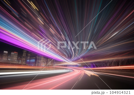 High speed effect motion blur night lights white, blue red. Futuristic neon light line trails. bright sparkling background. Purple glowing wave swirl, impulse lines. Long time exposure. Generative AI High speed effect motion blur night lights white, blue red. Futuristic neon light line trails. bright sparkling background. Purple glowing wave swirl, impulse lines. Long time exposure. Generative AI 104914321