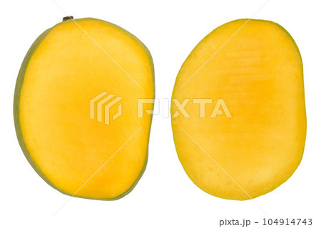 Mango on a white isolated background. Ripe, juicy and fresh mango halves on a white background. Mango isolate with peel. Mango on a white isolated background. Ripe, juicy and fresh mango halves on a white background. Mango isolate with peel. 104914743