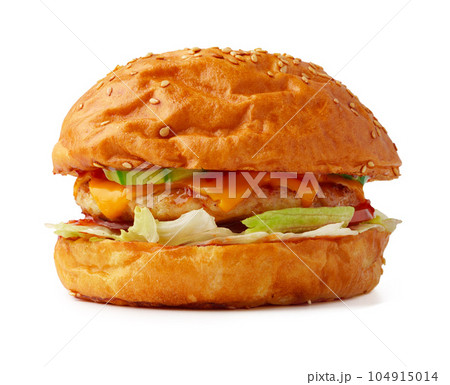 Tasty fresh burger isolated on white background Tasty fresh burger isolated on white background 104915014