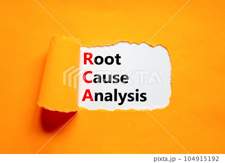 RCA root cause analysis symbol. Concept words RCA root cause analysis on white paper. Beautiful orange table orange background. Business and RCA root cause analysis concept. Copy space. 104915192