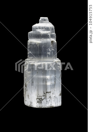 Macro mineral stone Selenite Gypsum on a black background 104915755