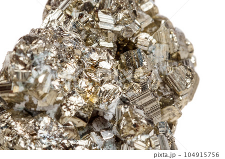 Macro mineral stone Pyrite gold on white background 104915756
