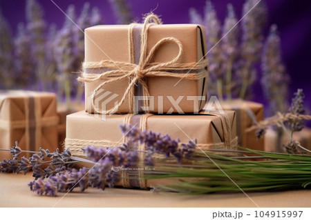 Twine gift boxes with lavender and lit candle on kraft paper. Generative AI Twine gift boxes with lavender and lit candle on kraft paper. Generative AI 104915997