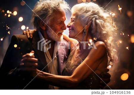 Stylish senior couple dancing at a party. Festive bokeh background Stylish senior couple dancing at a party. Festive bokeh background 104916136