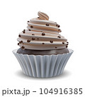 Whipped beige cream swirl cupcake with chocolate biscuit. Realistic vector 104916385