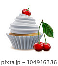 Vanilla cupcake, cute sweets food. Party homemade muffin with cherry on whipped white cream 104916386