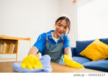 Happy woman cleaning house, Housekeeping and cleaning service, People doing housework at home Happy woman cleaning house, Housekeeping and cleaning service, People doing housework at home 104918527