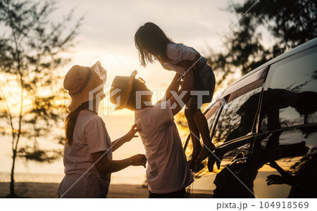 Family travel on beach, Family with car road trip at sea on summer 104918569