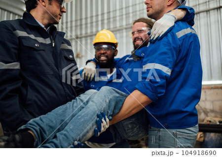 Engineer worker with accident at factory, Injury from machine working 104918690