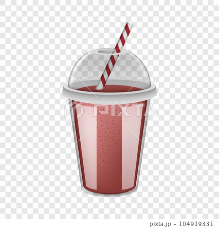 Plastic cup red smoothie mockup. Realistic illustration of plastic cup red smoothie vector mockup for on transparent background 104919331