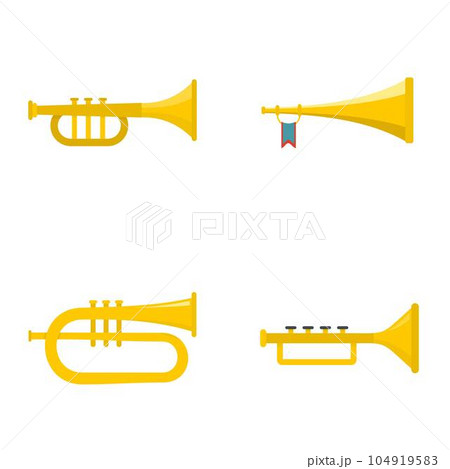 Trumpet horn musical instrument icons set. Flat illustration of 4 trumpet horn musical instrument vector icons isolated on white 104919583