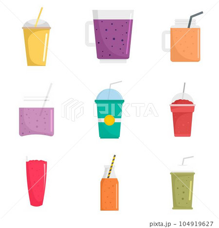 Smoothie milkshake fruit juice icons set. Flat illustration of 9 smoothie milkshake fruit juice vector icons isolated on white 104919627