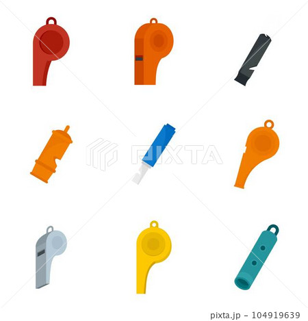 Whistle coaching blow icons set. Flat illustration of 9 whistle coaching blow vector icons isolated on white Whistle coaching blow icons set. Flat illustration of 9 whistle coaching blow vector icons isolated on white 104919639