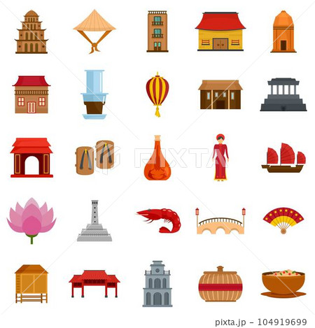 Vietnam travel tourism icons set. Flat illustration of 25 Vietnam travel tourism vector icons isolated on white Vietnam travel tourism icons set. Flat illustration of 25 Vietnam travel tourism vector icons isolated on white 104919699