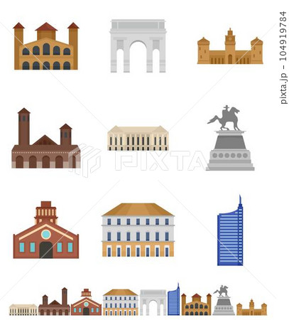Milan Italy city skyline icons set. Flat illustration of 9 Milan Italy city skyline vector icons isolated on white 104919784