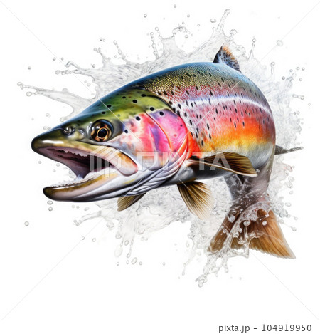 Rainbow trout jumping up and splashing on white - Stock