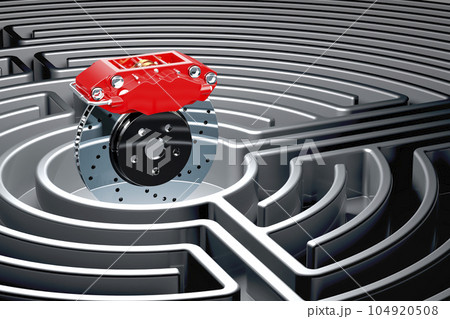 Car disc brake inside labyrinth maze. 3D rendering 104920508