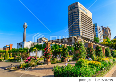 神奈川県　横浜市　春の山下公園　マリンタワーとホテルニューグランド 104920749