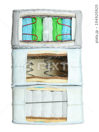 Samples of modern orthopedic mattress on white background 104920920