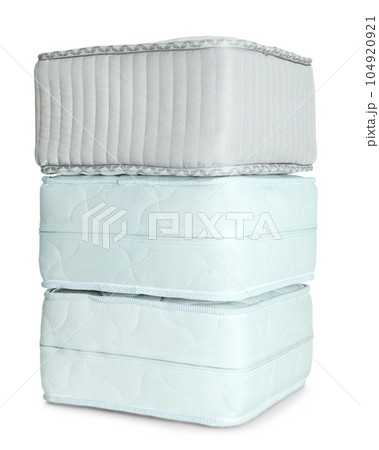 Samples of modern orthopedic mattress on white background 104920921