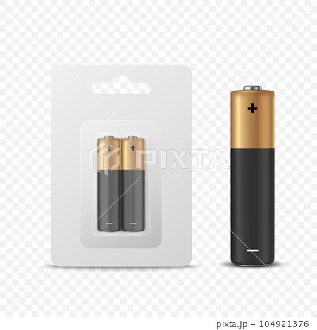 Vector 3d Realistic Two Alkaline Black and Brown Battery in Paper Blister and Battery Icon Closeup Set Isolated. AA Size, Vertical Position. Design Template for Branding, Mockup Vector 3d Realistic Two Alkaline Black and Brown Battery in Paper Blister and Battery Icon Closeup Set Isolated. AA Size, Vertical Position. Design Template for Branding, Mockup 104921376