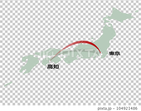 帶有從高知到東京的三維箭頭的日本地圖矢量圖 帶有從高知到東京的三維箭頭的日本地圖矢量圖 104921486