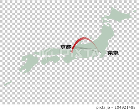 A map of Japan with a three-dimensional arrow heading from Tokyo to Kyoto vector illustration 104921488
