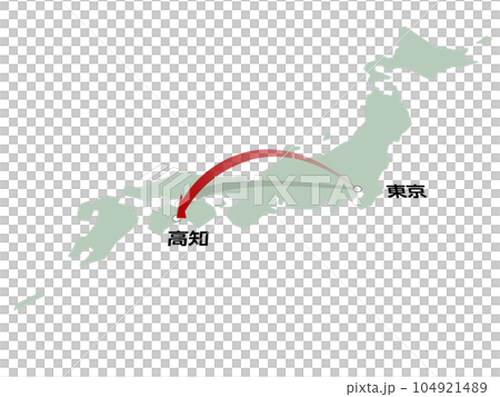 A map of Japan with three-dimensional arrows heading from Tokyo to Kochi vector illustration 104921489