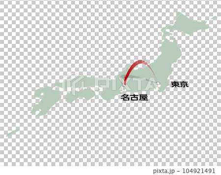 帶有從東京到名古屋矢量插圖的三維箭頭的日本地圖 104921491