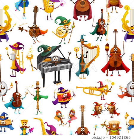 Cartoon musical instrument wizard characters seamless pattern. Magic music orchestra vector background with funny guitar magician, piano and saxophone witches, harp mage and lyre fairy personages 104921866