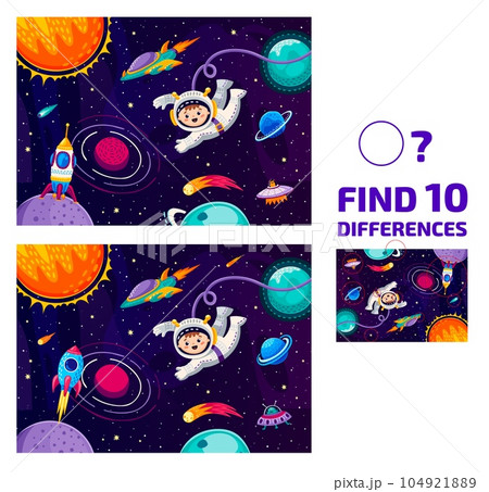 Find ten differences at galaxy landscape, astronaut in outer space and rocketship, vector puzzle game. Cartoon spaceman with alien UFO and rocket spaceship in kids quiz to find ten differences 104921889