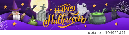 Halloween paper cut banner with cartoon wizard, potion pot and animals. Vector horror holiday ghost, evil magician with magic wand and witch potion cauldron, spider, web, bat, black cat and frog 104921891