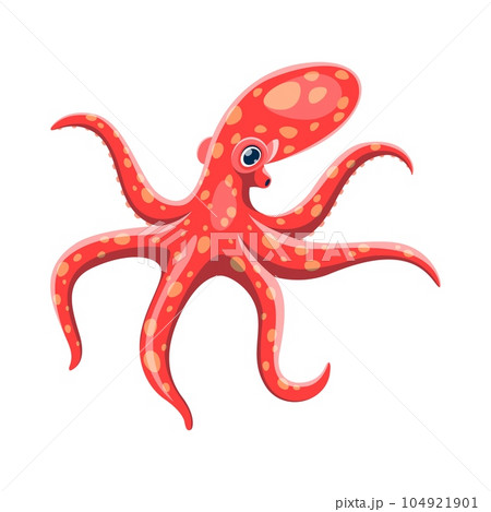 Octopus character, isolated cartoon vector Intelligent, versatile, and fascinating sea creature with eight arms, a soft body, and the ability to camouflage itself and squeeze through tight spaces 104921901