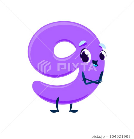 Cartoon cute funny number nine character with big eyes and smiling mouth, featuring bold lines and bright violet color. Digit personage for children educational materials and playful design projects Cartoon cute funny number nine character with big eyes and smiling mouth, featuring bold lines and bright violet color. Digit personage for children educational materials and playful design projects 104921905