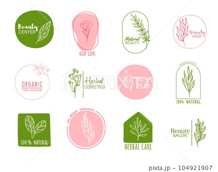 Organic vegan food and herbal care cosmetics icons, spa and beauty symbols with vector thin line plants. Eco farm, healthy vegetarian, natural bio product outline labels with green leaves and flowers Organic vegan food and herbal care cosmetics icons, spa and beauty symbols with vector thin line plants. Eco farm, healthy vegetarian, natural bio product outline labels with green leaves and flowers 104921907