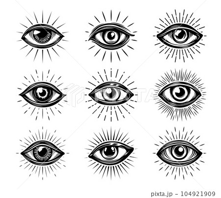 Providence illuminati eye. Mason tattoo, esoteric occult symbol. Boho luck sign, mystic or esoteric providence, fortune and occultism sacred symbol, God all seeing eye engraved vector emblems Providence illuminati eye. Mason tattoo, esoteric occult symbol. Boho luck sign, mystic or esoteric providence, fortune and occultism sacred symbol, God all seeing eye engraved vector emblems 104921909