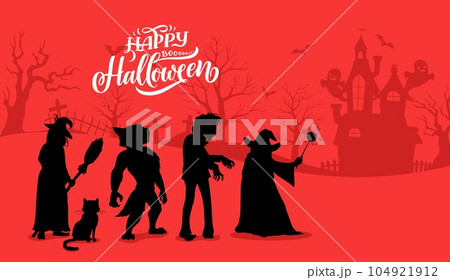 Halloween characters silhouettes. Vector background with zombie, witch, black cat, wizard and werewolf spooky personages on cemetery with old castle. Night graveyard with tombs, scary trees and bats 104921912
