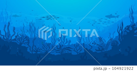 Cartoon underwater sea landscape silhouette with fish shoal and shark in seaweeds, vector background. Undersea or ocean coral reef silhouette landscape with dolphin in deep water of sea bottom 104921922