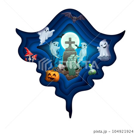 Halloween paper cut double exposition ghost silhouette, vector background. Happy Halloween in 3d papercut, pumpkin and horror night party on cemetery grave with zombie hand and skull on tombstone Halloween paper cut double exposition ghost silhouette, vector background. Happy Halloween in 3d papercut, pumpkin and horror night party on cemetery grave with zombie hand and skull on tombstone 104921924