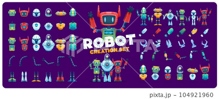 Robot creation kit. Cartoon character constructor and animation asset of cute droid, android or cyborg bot vector personages. AI robot body parts set with funny faces, automation armor, legs and arms 104921960