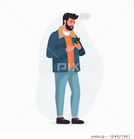 Young Man, Boy, Teen is Looking on Smartphone and Chatting. Happy Guy, Man is Talking, Typing on Phone. Full Body Flat Cartoon Character in Casual Clothes. Vector Illustration 104921961